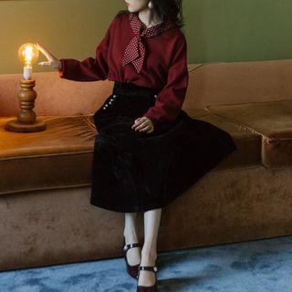 Set: Tie Neck Sweater + Velvet Midi A-line Skirt