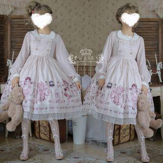 Cartoon Print Faux Pearl Button Long-sleeve A-line Dress