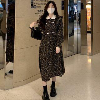 Long-sleeve Floral Ruffle A-line Midi Dress