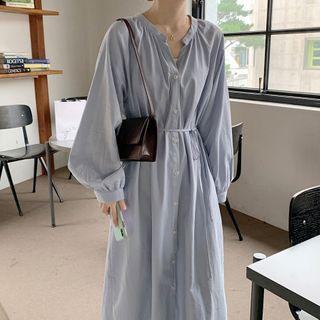 Lantern-sleeve Single Breasted Tie Waist Plain Shirt Dress