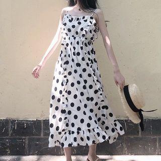 Spaghetti Strap Ruffled Polka Dot A-line Midi Dress