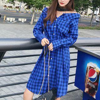 Mock Two-piece Long-sleeve Plaid A-line Shirtdress