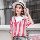Striped Elbow-sleeve Mock Two-piece Blouse