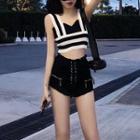 Wide Strap Striped Cropped Top / Lace-up Denim Hot Pants / Set