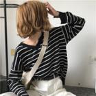 Striped V-neck Long-sleeve Loose-fit Top As Figure - One Size