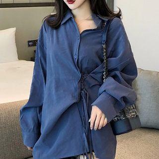 Plain Lace-up Long-sleeve Blouse Blue - One Size