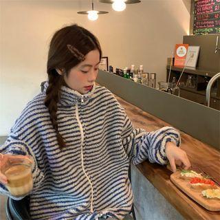 Striped Fleece Zip-up Jacket Stripes - Light Gray - One Size