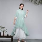 Mandarin Collar Midi A-line Dress / Wide Leg Pants