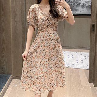 Shirred Front Floral Chiffon Midi Dress