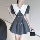 Puff-sleeve Lapel Bow Accent A-line Dress