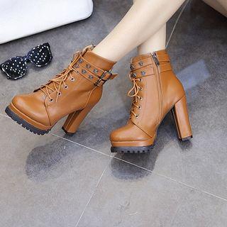 Chunky Heel Lace-up Studded Short Boots