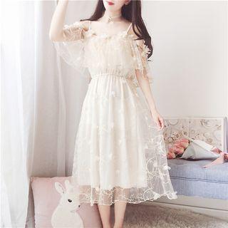 Cold-shoulder Elbow-sleeve Mesh A-line Dress