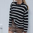 Long Sleeve Striped Distressed Knitted Top