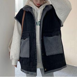 Faux Shearling Button-up Denim Vest