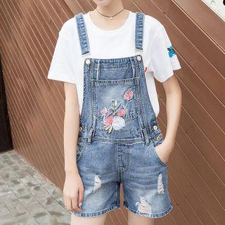 Flower Embroidered Dungaree Shorts