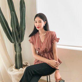 Frilled Stripe Peplum Wrap Blouse