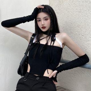 Choker-neck Cropped Camisole Top With Arm Sleeves