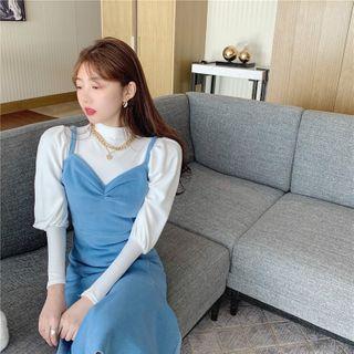 Plain Mock-neck Puff-sleeve Top / Slim-fit Sleeveless Dress