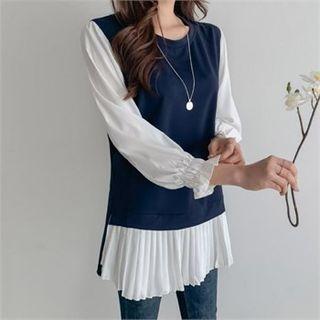 Pleated-hem Color-block Top