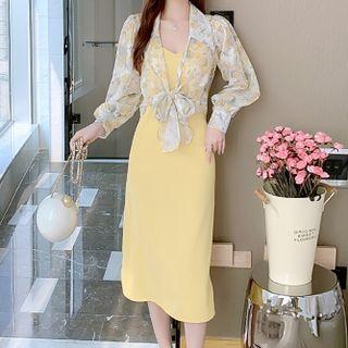 Set: Floral Print Tied Shirt + Spaghetti Strap Plain Midi Dress