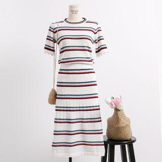 Set: Striped Knit Top + Midi Skirt