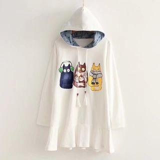 Cat Print Long-sleeve Hooded Dress