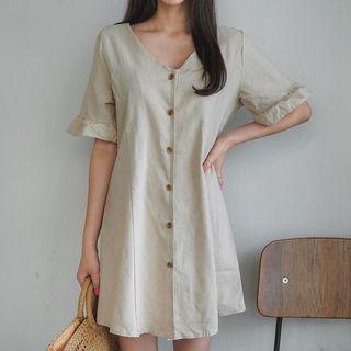 Frill-sleeve Linen Blend Shirtdress