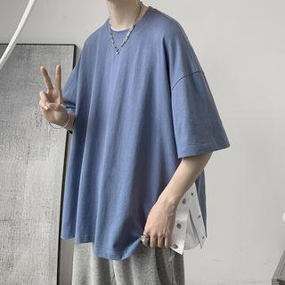 Plain Round Neck Slit Short Sleeve T-shirt