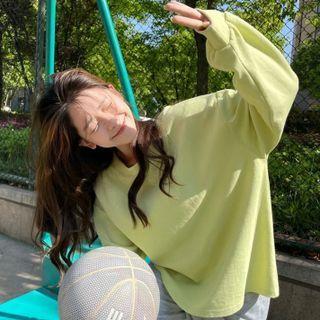 Long-sleeve Plain Sweatshirt Light Green - One Size