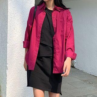 Plain Long-sleeve Loose-fit Plain Shirt Pink - One Size