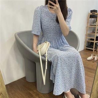 Short-sleeve Floral Print Smocked Midi A-line Dress