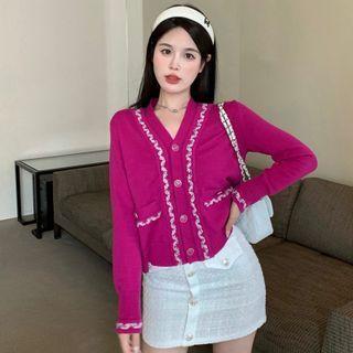 V-neck Cardigan / Buttoned Mini Tweed Skirt