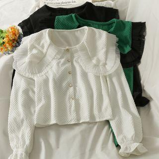 Mesh-trim Peter Pan-collar Crop Shirt