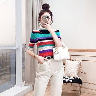 Set: Striped Short-sleeve Knit Top + Straight-cut Pants