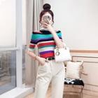 Set: Striped Short-sleeve Knit Top + Straight-cut Pants