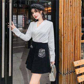 Set: V-neck Blouse + Embellished A-line Skirt