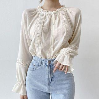 Ruffle Trim Crewneck Shirt Almond - One Size