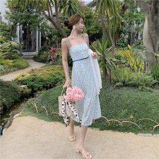 Spaghetti Strap Flower Print Midi A-line Dress / Light Jacket