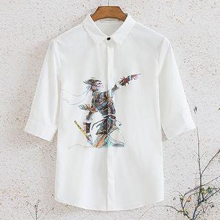 Elbow-sleeve Monkey Print Shirt