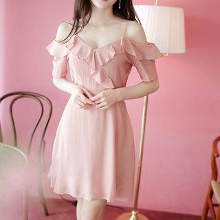 Cold-shoulder Ruffle-trim Textured Dress