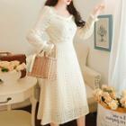 Long-sleeve Square-neck Lace Plain A-line Dress