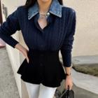 Denim-panel Knit Peplum Cardigan Blue - One Size