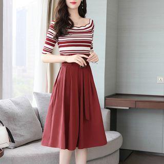 Set: Stripe Elbow-sleeve Knit Top + Belted Midi A-line Skirt