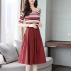 Set: Stripe Elbow-sleeve Knit Top + Belted Midi A-line Skirt