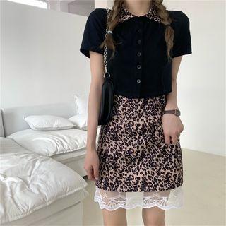 Short-sleeve Leopard Collar Top / Leopard Mini Skirt