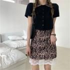 Short-sleeve Leopard Collar Top / Leopard Mini Skirt