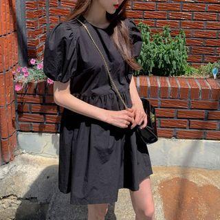 Plain Puff-sleeve Mini A-line Dress Black - One Size