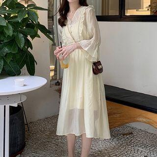 Set: 3/4-sleeve Ruffle A-line Midi Dress + Slipdress Almond - One Size