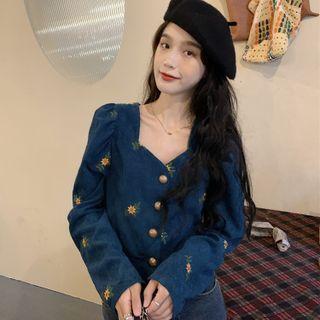 Long-sleeve Flower Embroidered Corduroy Button-up Blouse