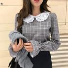 Crochet-collar Houndstooth Blouse Black - One Size